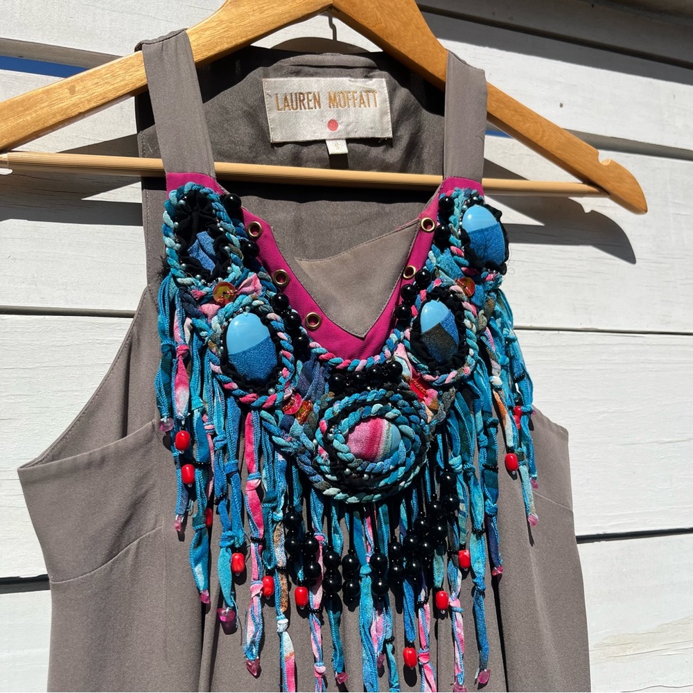 Lauren Moffatt 100% silk trapeze top with boho beading and fringe detail